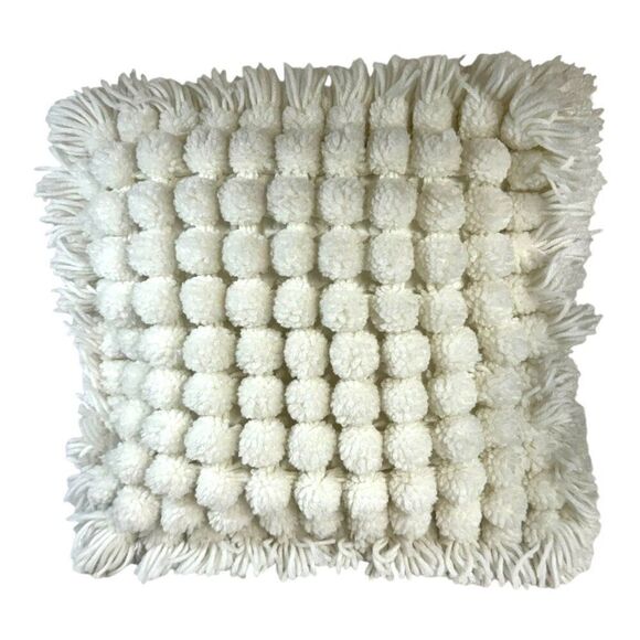 Vintage BOHO Handmade White Pom Pom Pillow Cushion Throw Fringe Cottage Core - Picture 2 of 6